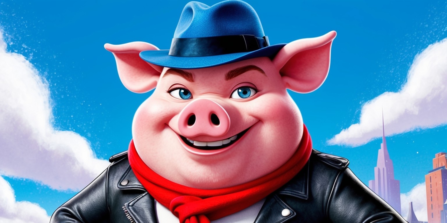 A vibrant, whimsical illustration depicting the main character, Hitpig, from the animated movie, set against a bright blue sky with fluffy white clouds. Hitpig, a lovable, anthropomorphic pig, stands in the center, wearing a blue fedora hat, a red scarf, and a confident smirk on his face. His eyes are a bright, sparkling blue, and his skin has a soft, pinkish tone. He's dressed in a sleek, black leather jacket, and his ears are perked up, giving him a charming, adventurous look. The illustration style is reminiscent of classic cartoons, with bold lines, vibrant colors, and textures that evoke a sense of nostalgia. In the background, subtle hints of cityscapes and buildings add depth to the scene, while the overall mood is playful, fun, and full of energy.