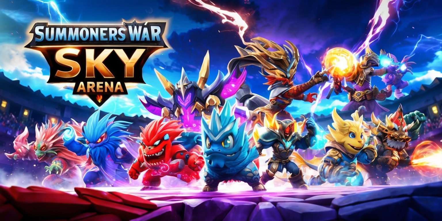 A vibrant and dynamic scene from the popular mobile game Summoners War: Sky Arena, featuring a variety of colorful monsters and characters with intricate details, set against a backdrop of a mystical arena with a dark blue and purple sky, illuminated by flashes of magical energy, with the game's logo prominently displayed in bold, metallic letters with a hint of glow, and the monsters and characters having unique and fantastical designs, with textures and patterns that reflect their elemental affinities, and the overall atmosphere being one of excitement and competition, with the monsters and characters posed in mid-action, as if ready to clash in an epic battle, and the colors being bright and saturated, with shades of red, blue, and green, and the lighting being dramatic and intense, highlighting the intensity of the battle.