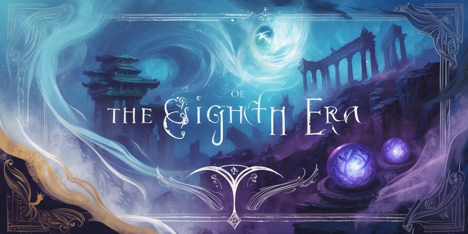 A mystical illustration depicting the essence of the Eighth Era, a fantastical game world, with an intricate background featuring swirling mist, ancient ruins, and mystical orbs. The dominant colors are a palette of blues and purples, evoking a sense of mystery and wonder. At the forefront, a subtle, ornate frame, resembling an ancient tome, with elegant, curved lines and mystical symbols etched into the borders. The overall style is a mix of digital painting and traditional illustrations, with bold brushstrokes and delicate textures. The atmosphere is dreamy and enchanting, inviting the viewer to step into the mystical realm of the Eighth Era.
