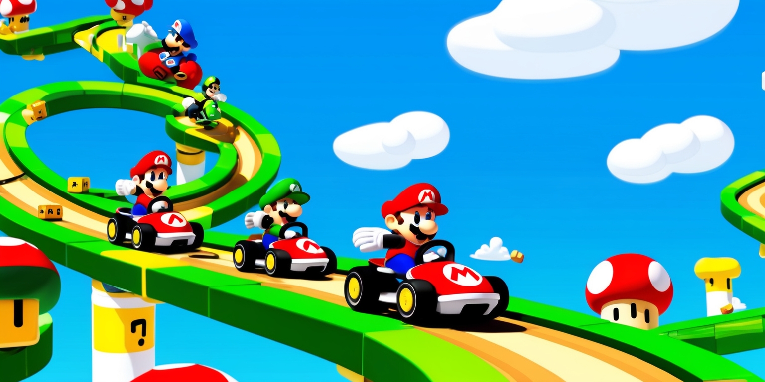 A vibrant, stylized illustration of Mario Kart World, featuring Mario and his friends racing on a serpentine track that twists and turns through lush green hills, pipes, and colorful mushrooms, with the iconic Question Mark Blocks and Item Boxes scattered throughout, set against a bright blue sky with puffy white clouds, the characters and objects rendered in a mix of bold, rounded lines and vibrant colors reminiscent of the classic Mario Kart games, with a dynamic composition that captures the speed and energy of the racing action, and a subtle hint of whimsy and fantasy, invoking a sense of nostalgia and fun.