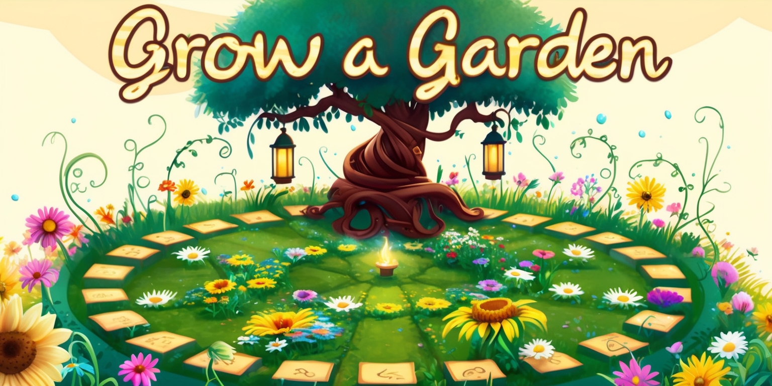 A whimsical digital illustration of a fantastical garden, blooming with vibrant flowers and lush greenery, set against a soft, creamy background. In the center, a large, ornate tree with twisted branches and glowing lanterns suspended from its limbs, serves as a focal point. Surrounding the tree, a variety of colorful flowers, including daisies, sunflowers, and wildflowers, are arranged in a circular pattern, giving the impression of a puzzle or game board. Delicate, swirling vines and tendrils connect the flowers, with sparkling dew drops scattered throughout. The overall style is reminiscent of a classic children's book, with bold lines, intricate details, and a sense of magic and wonder. The title Grow a Garden is emblazoned across the top of the image in bold, cursive script, with a subtle gradient effect that shimmers like sunlight.