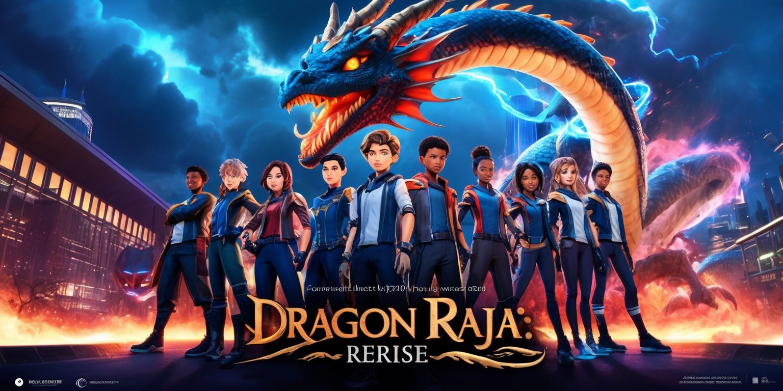 Epic promotional key art for Dragon Raja: ReRise, a cinematic fantasy role-playing game scene blending a modern neon-lit city with ancient dragon mythology. Feature a group of stylish young adventurers in detailed contemporary academy uniforms and futuristic streetwear, standing heroically in the foreground with expressive faces, varied hairstyles, and diverse skin tones. A colossal serpentine dragon with glowing amber eyes and luminous scales coils through storm clouds above them, surrounded by fire, blue energy, drifting embers, and magical particles. Use dramatic rim lighting, vivid cobalt blue, crimson, violet, and gold accents, polished anime-inspired character design, highly detailed costumes, dynamic perspective, and atmospheric depth. Compose the image as a vertical game poster with the heroes centered, the dragon dominating the upper background, and a glowing city skyline beneath. Add the title Dragon Raja: ReRise in bold elegant metallic lettering with subtle gold highlights at the bottom, clearly legible and integrated into the promotional layout.