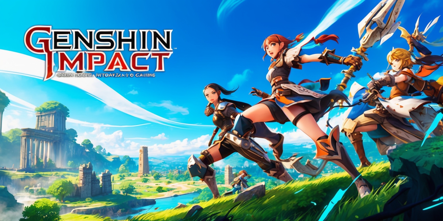 A breathtaking landscape depicting the fantasy world of Genshin Impact, a popular open-world action role-playing game, set against a vibrant blue sky with wispy white clouds, featuring iconic characters such as theTraveler, Amber, or Kaeya, posed heroically amidst lush green forests, ancient ruins, or mystical landscapes, with intricate details on their outfits, weapons, and abilities, rendered in a stylized, anime-inspired illustration style, with bold lines, exaggerated features, and dynamic poses, evoking a sense of adventure, magic, and exploration, with subtle textures and lighting effects that showcase the game's unique art direction, and possibly incorporating subtle hints of elemental forces, mythical creatures, or ancient artifacts that define the game's rich lore.