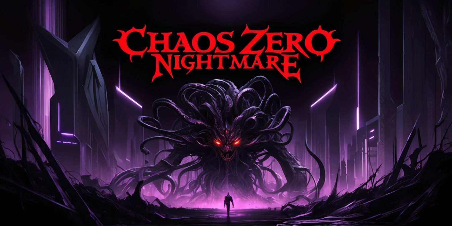 A dark and ominous digital artwork depicting a haunting scene from the Chaos Zero Nightmare game, with a bold and futuristic cityscape in the background, featuring sleek skyscrapers and neon lights, and a massive, ominous creature looming in the foreground, its body a twisted mass of dark, metallic tendrils and glowing red eyes, set against a deep, foreboding purple and black color scheme, with sharp, dramatic lines and intense, high-contrast lighting, and in the distance, a faint, ghostly image of a figure, perhaps a player character, with determined facial features and a resolute expression, standing tall amidst the chaos and destruction, with a bold, gothic-inspired font displaying the game's title in blood-red letters across the top of the image.