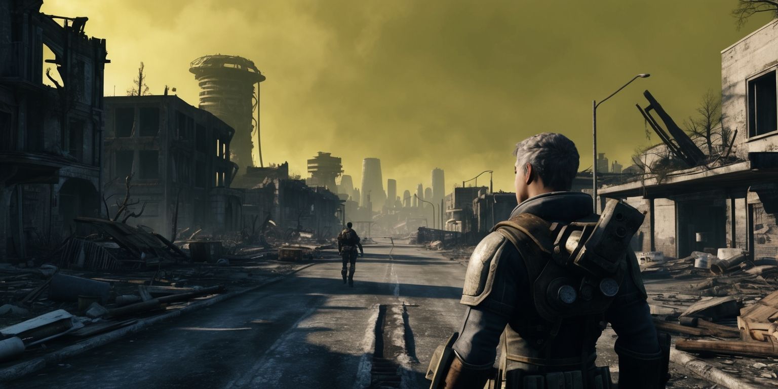 A gritty, post-apocalyptic scene from the Fallout game, set in a desolate, ruined cityscape with a mix of destroyed buildings and makeshift settlements, the sky is a toxic yellow-brown color, with a lone figure in the distance, a survivor wearing a Vault-Tec jumpsuit and carrying a Pip-Boy on their wrist, the atmosphere is tense and ominous, with a sense of danger lurking in every corner, the overall style is a blend of retro-futurism and dystopian realism, with muted colors and a focus on texture and detail, the figure's facial features are worn and weathered, with a determined look on their face, and in the foreground, a broken road stretches out, lined with debris and wreckage.