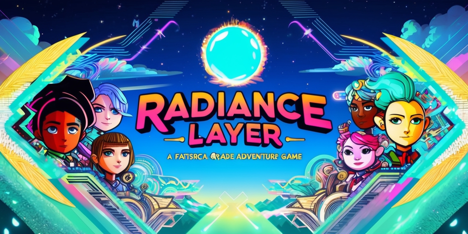 A vibrant, colorful illustration of Radiance Layer, a fantastical arcade adventure game, set against a bright blue starry night sky with wispy clouds, featuring a mix of 8-bit and modern graphical elements, with bold lines, geometric shapes, and neon accents, showcasing a stylized, cartoonish protagonists with varying skin tones, unique hairstyles, and expressive facial features, surrounded by intricate layering of glowing, swirling patterns and mesmerizing aurora effects, with subtle gradient shifts and texture overlays, incorporating futuristic and mystical elements, and prominent, stylized typography in a bold, curved font, with the game's logo, a radiant, glowing orb, situated at the top center of the composition, surrounded by subtle, shimmering particles.