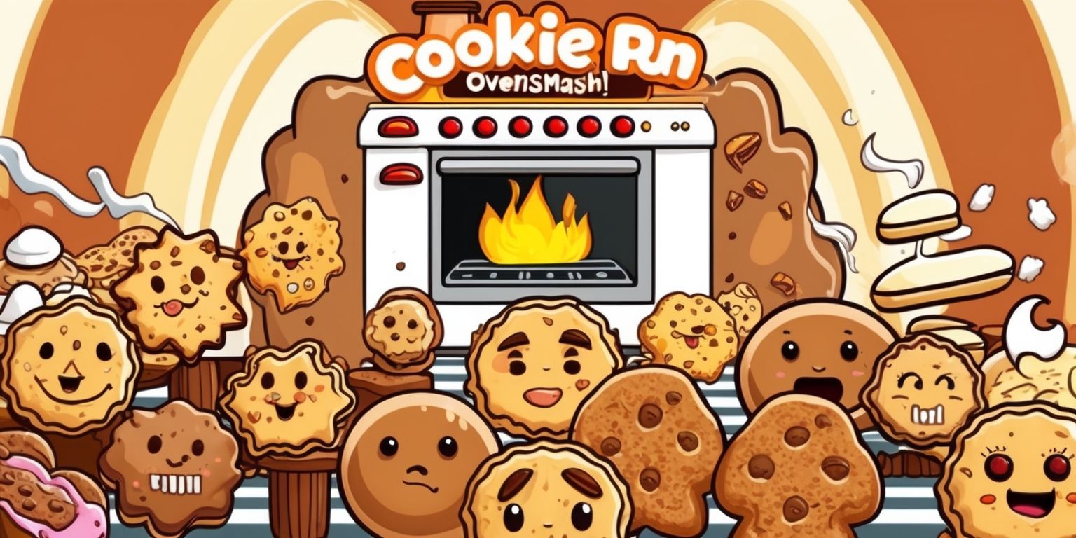 A vibrant and colorful digital illustration of the Cookie Run: OvenSmash game, showcasing a dynamic scene with cookies and obstacles, set against a warm and inviting background with shades of golden brown and creamy white, the cookies are designed in various shapes and sizes with intricate details, each with unique facial features and expressive emotions, the oven in the background is a central element with flames and smoke, the overall style is cartoonish and playful with bold lines and textures, the layout is cluttered yet organized with a clear focus on the main characters and gameplay elements, the color palette is bright and saturated with a mix of pastel and primary colors.