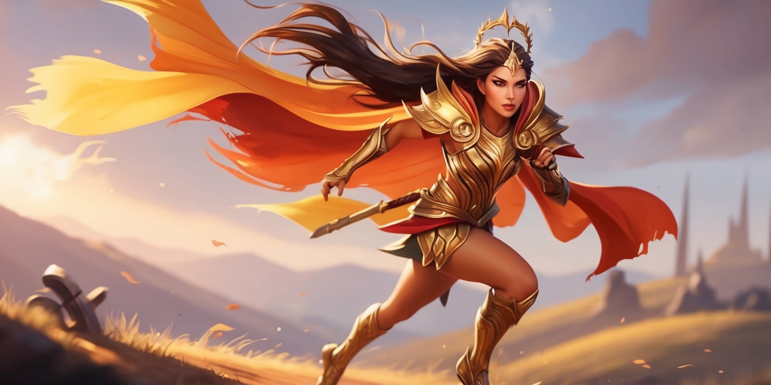 A dynamic illustration of a powerful goddess from a fantasy video game, running with urgency towards the viewer, her long, flowing hair and vibrant, flowing cloak fluttering behind her. Her resolute expression conveys a sense of determination, with piercing eyes shining bright like stars against her radiant, golden-brown skin. She wears intricately designed, golden armor with an ornate crown on her head, complete with delicate gemstones that refract light. In the background, a blurred, mystical landscape with rolling hills and towering spires stretches out, with hints of ancient ruins and mysterious artifacts scattered throughout. The goddess's run is set against a warm, sunset-inspired color palette, with hues of orange, yellow, and pink dominating the scene, and bold lines and expressive brushstrokes add to the overall sense of energy and movement.