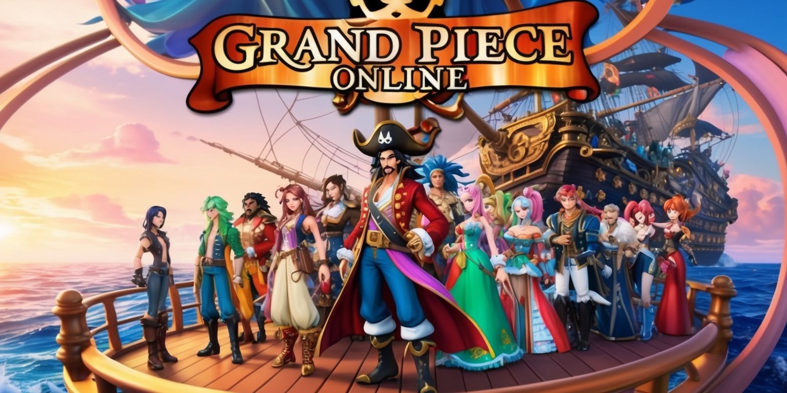 A vibrant and detailed digital artwork depicting the vast oceanic world of Grand Piece Online, with a diverse array of characters from the game standing on the deck of a majestic pirate ship, set against a warm sunset backdrop with hues of orange and pink, the characters showcasing unique facial features, varying skin tones, and distinctive attributes, such as colorful hairstyles, elaborate outfits, and exotic accessories, with the game's logo prominently displayed in bold, golden font at the top of the image, surrounded by intricate, curved lines and shapes that evoke a sense of adventure and fantasy.