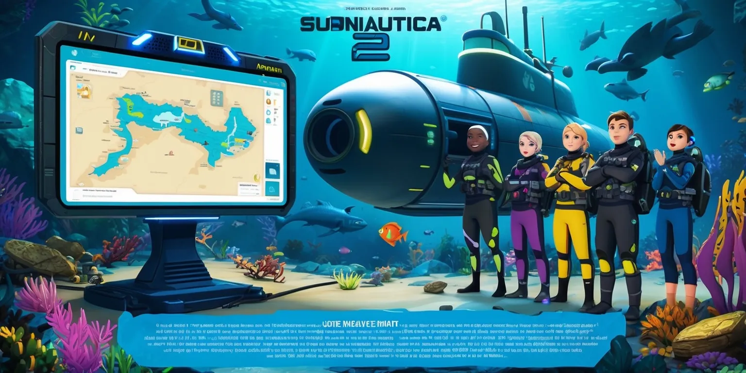 A detailed illustrated guide for the Subnautica 2 game, featuring a vibrant underwater scene with a futuristic submarine in the background, surrounded by aquatic creatures and oceanic flora, with a large display screen in the foreground showing a map of the game's world, and a few characters from the game standing near the submarine, their facial features and skin colors varied, wearing diving gear and looking excited, with the game's logo at the top of the image in bold, blue, futuristic font, and various symbols and markings on the submarine and the characters' equipment, in a mix of bright colors such as blue, green, and yellow, with a sense of adventure and exploration, and a few lines of text at the bottom of the image providing information about the game's story and gameplay mechanics.