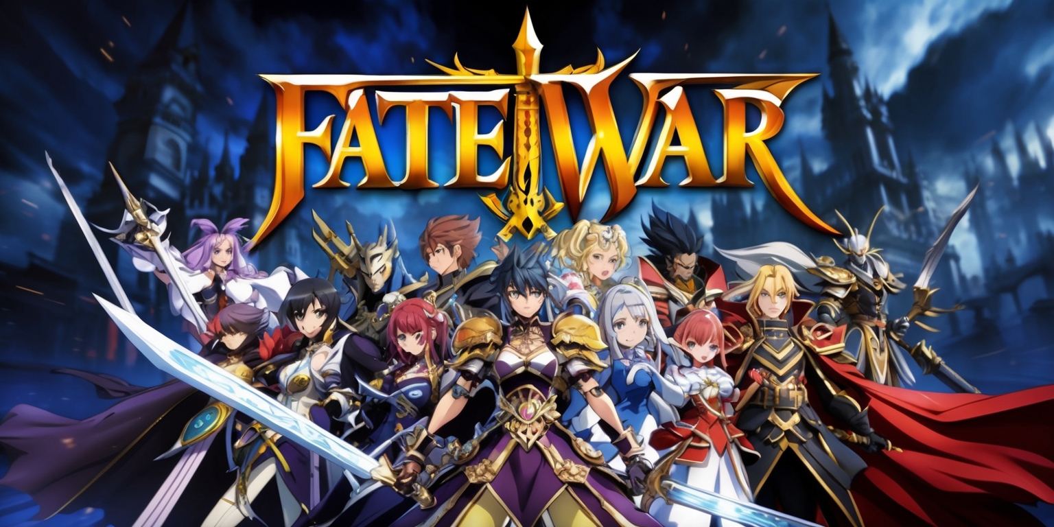 A dramatic scene from the Fate War game, featuring a diverse cast of characters with intricate costumes and weapons, set against a dark, mystical backdrop with vibrant, bold colors, and dynamic composition, with characters having unique facial features, skin colors, and hairstyles, and the game's logo prominently displayed in a stylized, golden font with sharp, angular lines, at the top of the image, with the characters arranged in a triangular formation, showcasing their skills and abilities, and in the background, a blurred, fantastical cityscape with towering spires and grand architecture, with the overall style reminiscent of anime and manga, and the mood tense and action-packed.