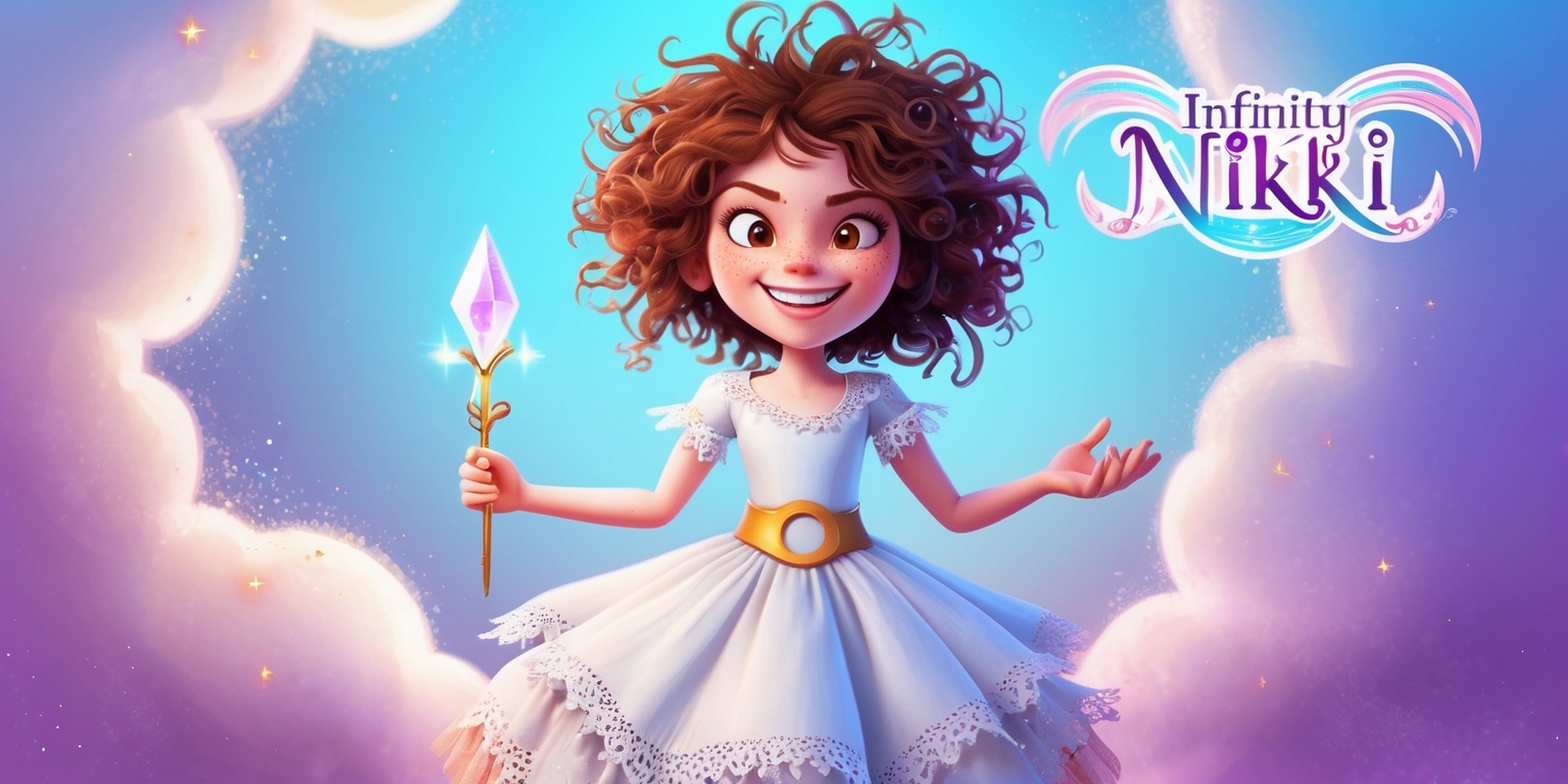 A vibrant, whimsical illustration of Nikki, the protagonist from the Infinity Nikki game, standing in a dreamlike environment with swirling clouds and stardust surrounding her, set against a soft, gradient blue background that fades into a deep purple at the edges, with hints of golden sparkles scattered throughout; Nikki herself has wild, curly brown hair and bright, shining brown eyes, with a mischievous grin spreading across her pale, slightly freckled skin, wearing a flowing, lace-trimmed white dress with a full skirt and a golden belt buckle shaped like a crescent moon, with a few strategically torn and frayed edges, and holding a delicate, crystal-tipped wand in her right hand, its tip glowing with a soft, pulsing light, with the Infinity Nikki logo subtly integrated into the design, in a stylized, cursive font with ornate details and a touch of sparkle, in shades of pastel pink and blue.