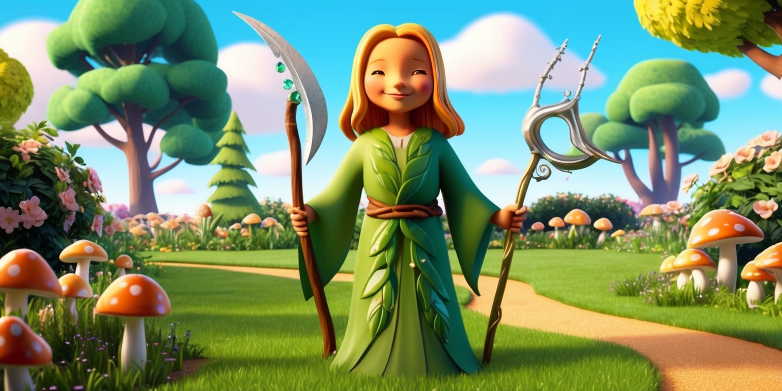A serene and vibrant digital illustration of a Harvest Reaper character standing in a lush Virtual Garden, surrounded by blooming flowers, towering trees, and a bright blue sky with fluffy white clouds, the character has a gentle smile on their face, with warm golden skin and long flowing hair the color of ripe wheat, dressed in a flowing green robe with intricate leaf patterns, holding a shimmering silver scythe adorned with small glowing gems, the garden path is winding and lined with glowing mushrooms, the overall style is whimsical and fantastical with soft textures and delicate lines, the color palette is earthy and natural with hues of green, brown, and beige, the lighting is warm and soft with a sense of wonder and magic.