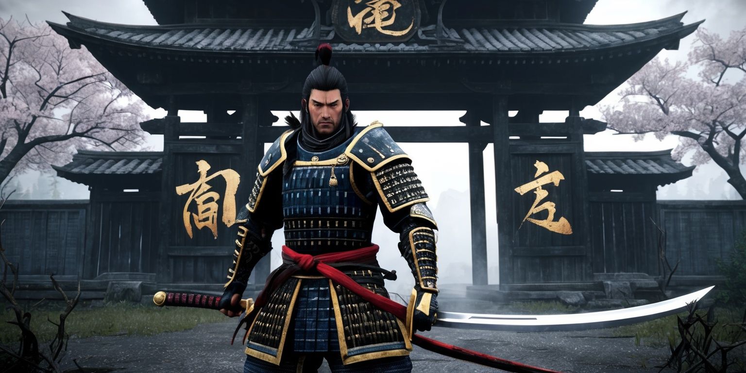 A dark fantasy action-adventure scene from Nioh 3, set in feudal Japan, with a brave samurai warrior wearing traditional armor, standing in front of a ominous, ancient temple gate, surrounded by cherry blossom trees, with a faint, eerie mist in the background, the samurai's face is determined, with a strong jawline and piercing brown eyes, holding a sharp, curved katana in his right hand, the sword's blade is adorned with intricate, golden engravings, the armor is a mix of black and dark blue lacquer, with golden accents, the temple gate is old, worn, and covered in vines, with a large, bold, Japanese kanji character on the gate, the atmosphere is tense, with a sense of foreboding, the color palette is muted, with shades of gray, brown, and green, the overall style is a mix of realistic and stylized elements, with a focus on intense action and dark fantasy.