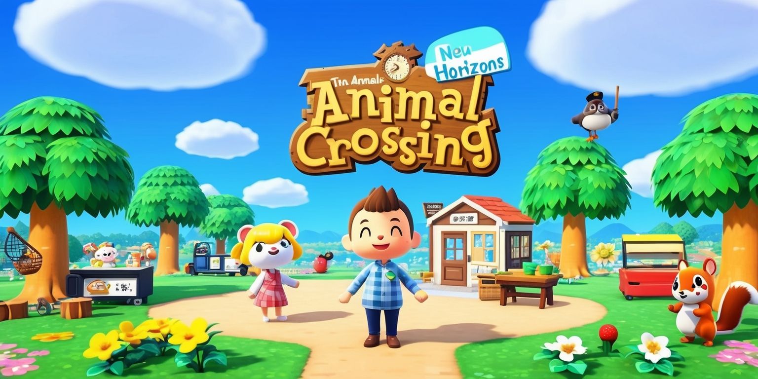 A vibrant and colorful digital illustration depicting the main characters and scenery from the Animal Crossing: New Horizons game, set against a bright blue sky with fluffy white clouds, featuring Tom Nook standing in front of his store, with Isabelle and K.K. Slider nearby, surrounded by lush green trees, colorful flowers, and a few adorable animals, including a smiling tanuki and a happy squirrel, with the game's logo prominently displayed in a fun, cursive font, in bold blue and green colors, and a few iconic in-game items such as fishing rods, nets, and furniture scattered throughout the scene.