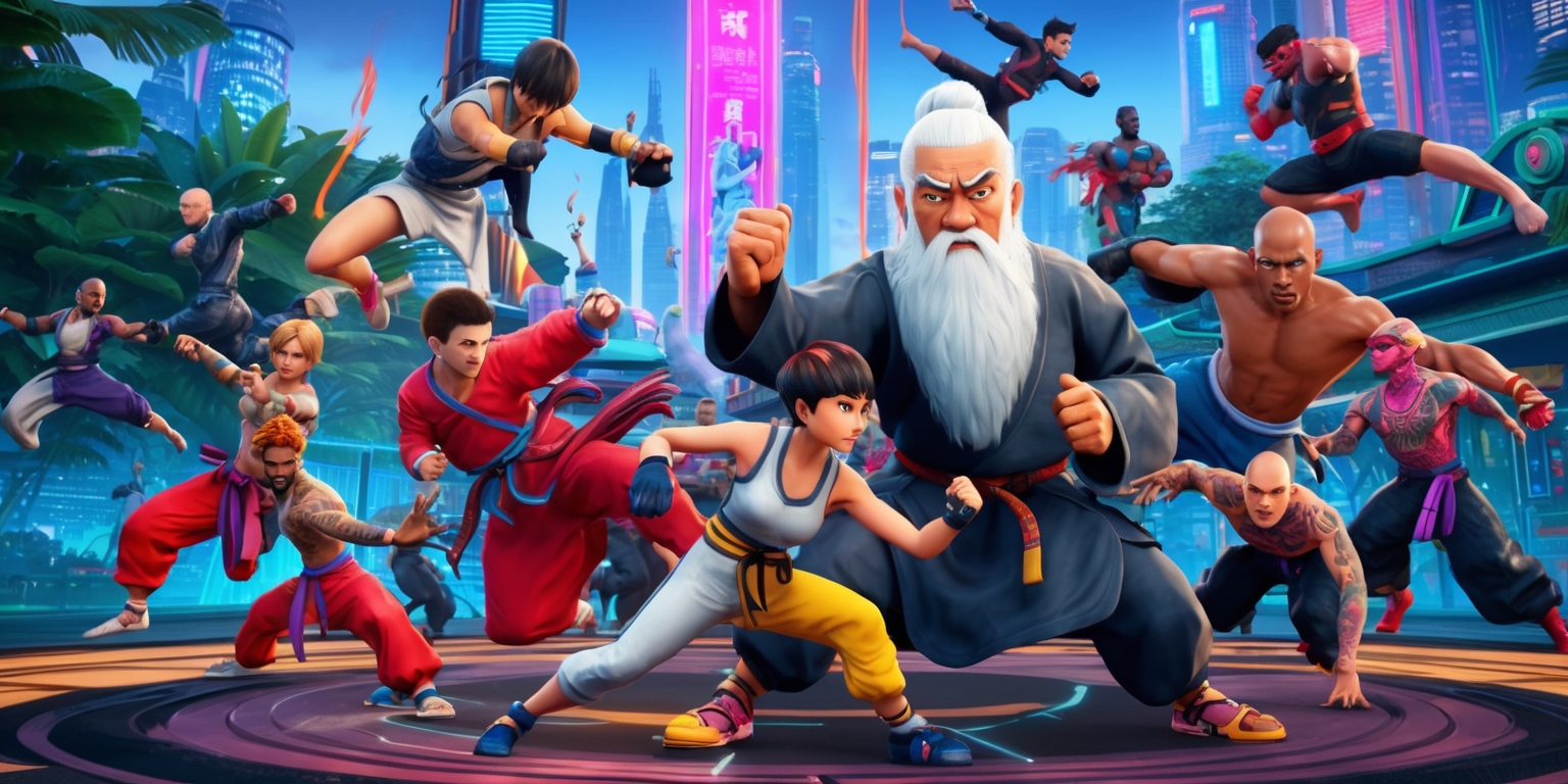 A vibrant open-world sandbox game scene depicting various martial arts practitioners engaging in dynamic combat and acrobatic movements, set against a stylized futuristic cityscape with neon-lit skyscrapers and dense foliage, featuring a diverse cast of characters with unique facial features, skin colors, and attire, including a young female protagonist with short spiky hair and athletic build, a wise old martial arts master with long white beard and traditional robes, and a group of agile parkour practitioners with bold tattoos and sleek outfits, with a mix of Eastern and Western architectural influences, bold typography, and stylized visual effects, showcasing a blend of realistic and fantastical elements, with a focus on intense action, stunning visuals, and immersive storytelling.