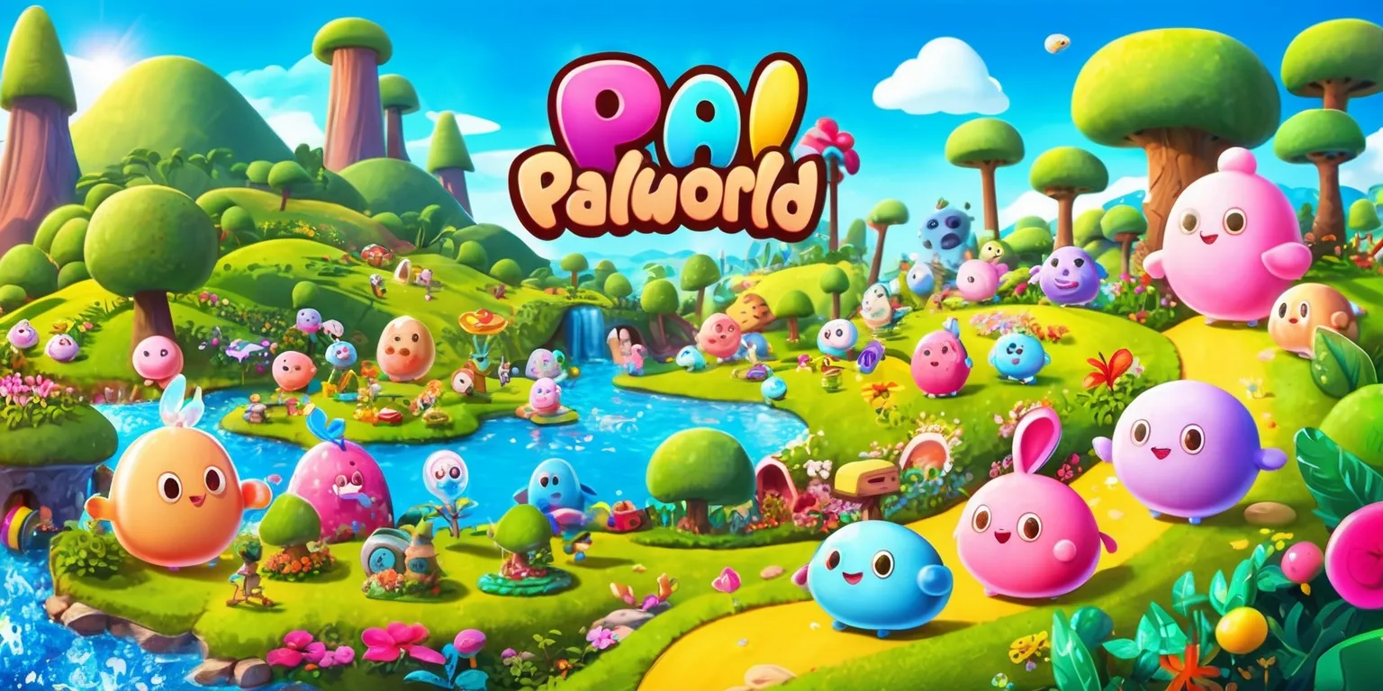 A vibrant, colorful illustration of the Palworld game, featuring a beautiful, lush landscape with rolling hills, towering trees, and a bright blue sky, populated by adorable, rounded Pals of various shapes, sizes, and pastel colors, with distinct facial features, large eyes, and cute expressions, engaged in various fun activities, surrounded by lush greenery, sparkling water, and vibrant flora, with a mix of digital and hand-drawn elements, in a whimsical, fantastical style, with bold lines, soft textures, and delicate details, set against a warm, sunny backdrop with a few fluffy white clouds, and a subtle glow effect to evoke a sense of wonder and enchantment.