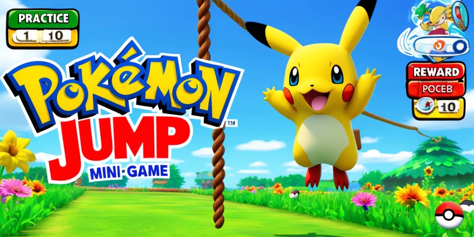 A colorful, nostalgic Pokémon world is set as the backdrop for an interactive, timed-reflex challenge, where a player's character, accompanied by an iconic Pokémon, must jump over obstacles such as a swinging rope with precise timing, in a scene filled with lush green grass, vibrant wildflowers, and clear blue skies, with the character and Pokémon having distinctive, recognizable features, including bright, expressive eyes and a dynamic, energetic pose, amidst elements of practice and reward systems, with bold, eye-catching text and logos, highlighting the exciting nature of the Pokémon Jump mini-game, all within a classic, video game-inspired aesthetic, with a warm, inviting atmosphere and a sense of anticipation and excitement.