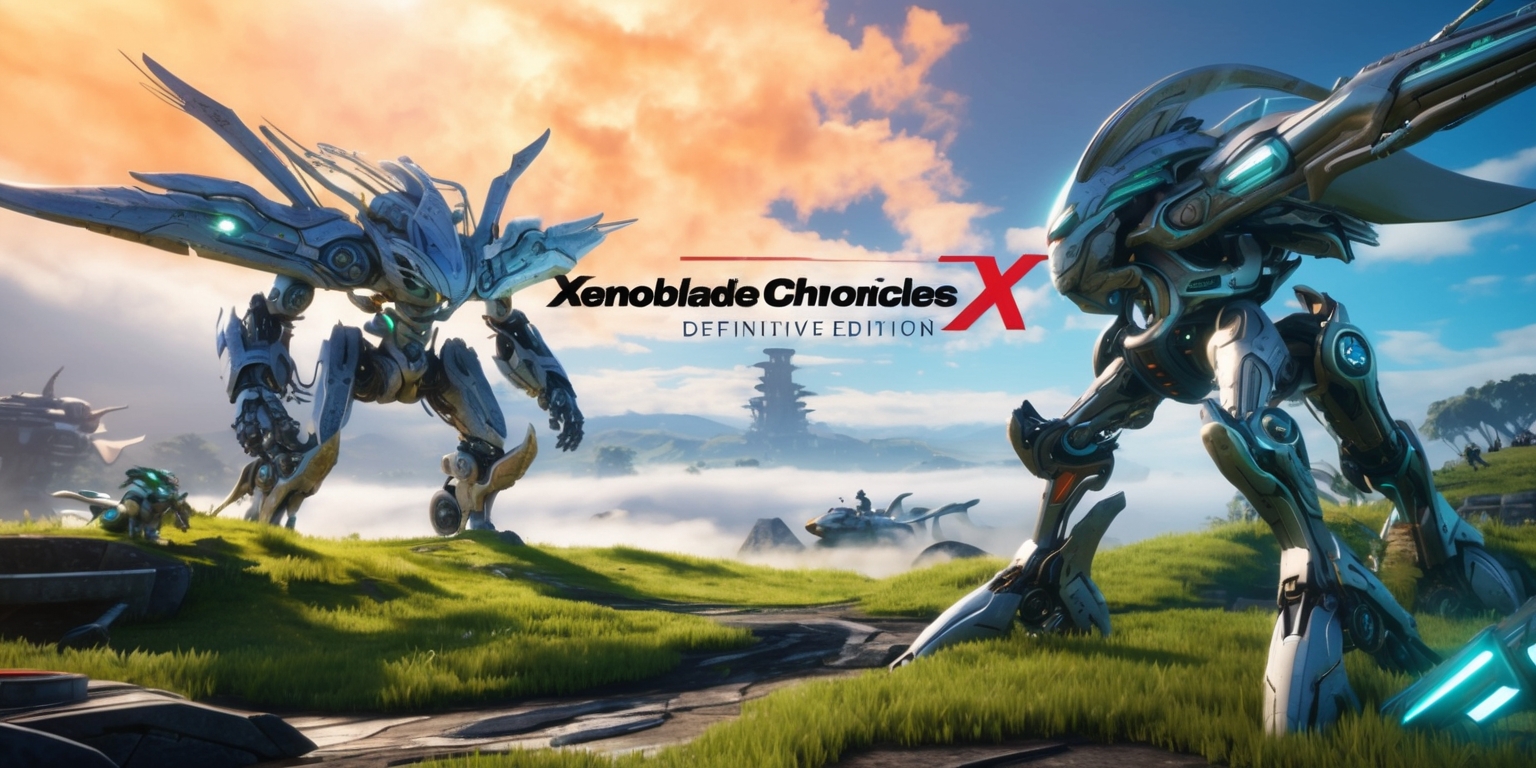 A breathtaking, vibrant, futuristic scenery from Xenoblade Chronicles X: Definitive Edition, set against a breathtaking, cloud-dotted orange and blue horizon, with sleek, silver, and metallic machinery and advanced technology seamlessly integrated into the lush, green, and misty wilderness, showcasing the game's unique blend of nature and sci-fi elements, featuring the game's iconic humanoid mechs, Skells, standing proudly in the foreground, with intricate details and textures, surrounded by subtle, shimmering lights and atmospheric effects, capturing the essence of the game's expansive open world and immersive gameplay experience, with a slight sense of dynamic movement and energy, inviting the viewer to explore and discover the wonders of this extraordinary world.