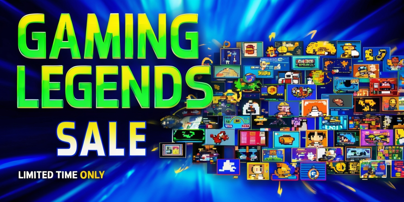 A vibrant and dynamic poster advertising the Gaming Legends Sale event, set against a bold, electric blue background that evokes excitement and energy. The text Gaming Legends Sale is emblazoned across the top in bright, neon green, bold, metallic font with a slight gradient effect to give it a futuristic feel. Below the title, a collage of iconic gaming characters and symbols from various legendary games are arranged in a staggered, overlapping pattern, showcasing a mix of 8-bit pixel art and modern, high-definition graphics. The characters are depicted in various dynamic poses, conveying a sense of action and movement. The overall design is playful, nostalgic, and attention-grabbing, with subtle glow and shadow effects to enhance the visuals. In the bottom left corner, a smaller text Limited Time Only is written in a curved line, using a stylized, cursive font with a yellow and orange gradient.