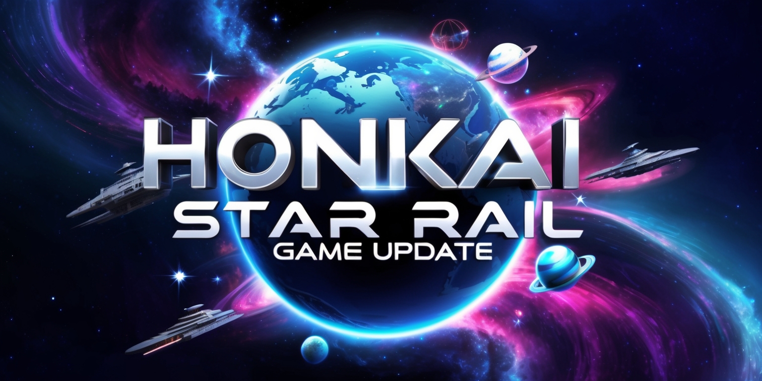 A vibrant, futuristic illustration depicting a grand celestial map as the backdrop, with sleek, modern fonts announcing the Honkai: Star Rail game update in bold, metallic silver letters, surrounded by stars, planets, and spaceships, amidst a swirling nebula of blues, purples, and pinks, with subtle, shimmering effects to evoke a sense of adventure and discovery, set against a deep, starry night sky with a slight gradient of dark blues to blacks, evoking the mysteries of the cosmos.