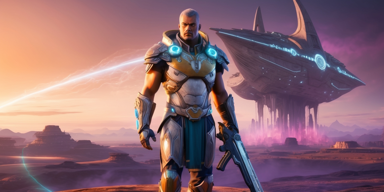 A majestic, futuristic landscape depicting the world of Destiny 2, set against a warm, golden hour sky with hues of orange and pink bleeding into a deep purple horizon. In the foreground, a powerful Titan warrior stands proudly, clad in ornate, silver armor adorned with intricate, glowing blue accents, their facial features strong and determined with a stern expression. The Titan's skin has a warm, golden undertone, with a subtle, otherworldly glow emanating from their body. At their side, a sleek, high-tech rifle is slung, with a hint of misty, ethereal energy swirling around the weapon's barrel. In the background, the looming, ancient architecture of the Traveler's ship dominates the skyline, its surface etched with mysterious, pulsing symbols that shimmer like stars. The overall aesthetic is a blend of sci-fi and fantasy elements, with bold, vibrant colors and dynamic, kinetic energy.