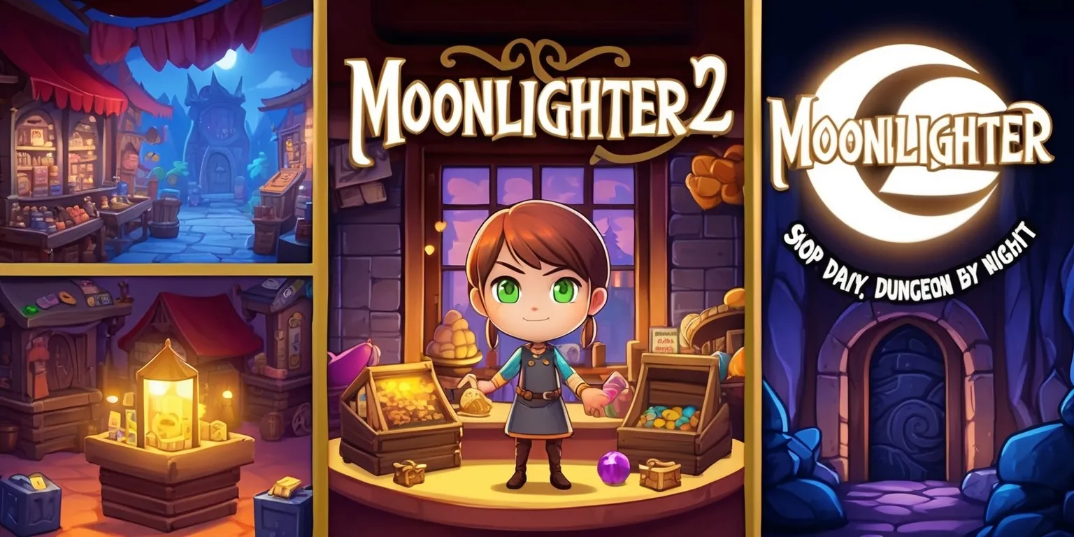 A vibrant digital illustration of the Moonlighter 2 game, featuring a mix of shop management and dungeon crawling scenes, with warm golden lighting and deep blues and purples, set against a backdrop of a bustling marketplace at dusk, with the game's main character, a young shopkeeper with short brown hair and bright green eyes, standing in the center, surrounded by various items and treasure chests, and in the background, a subtle hint of a mysterious dungeon entrance, with bold lines, intricate details, and a sense of adventure, the game's logo, a stylized white moon symbol, is emblazoned on a sign above the shop, in a elegant, cursive font, with the tagline Shop by Day, Dungeon by Night written in a smaller, yet still prominent, text below the logo.